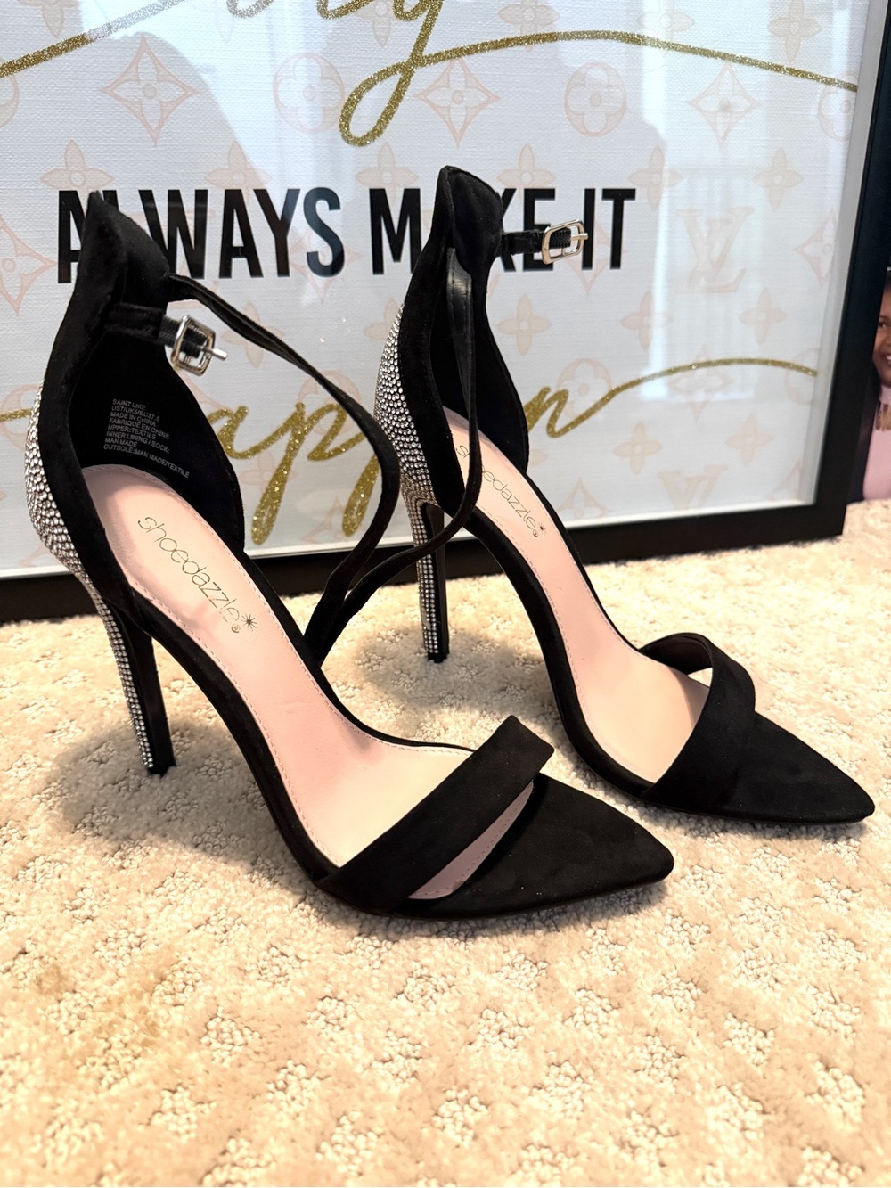 Shoe Dazzle Black Suede Rhinestone-Embellished Ankle-Strap Stilettos